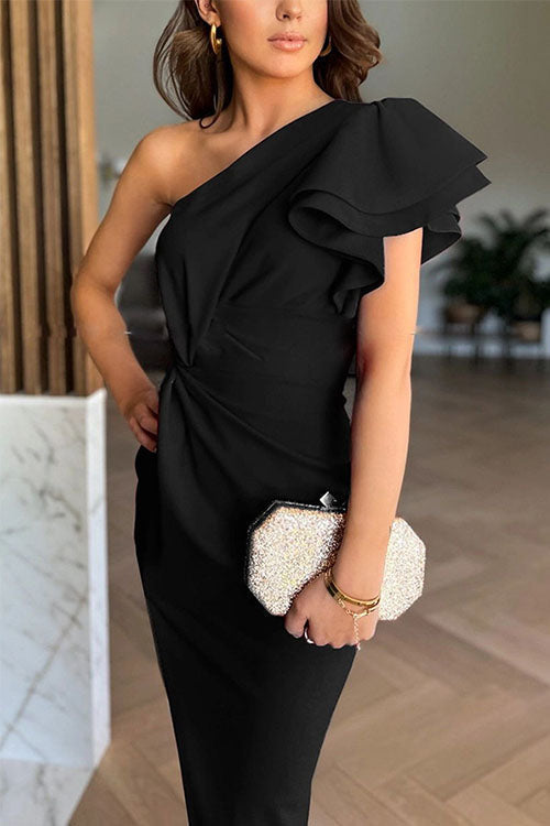 Caz - Vestido midi con mangas de volantes y hombros al descubierto