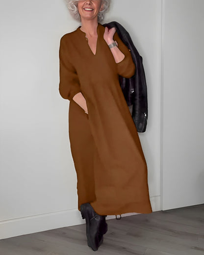 AMANDA – VESTIDO MAXI DE MANGA LARGA Y ESCOTE EN V ELEGANTE