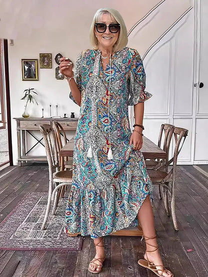 Carolette - Vestido Maxi de Cuello con Cordón Boho