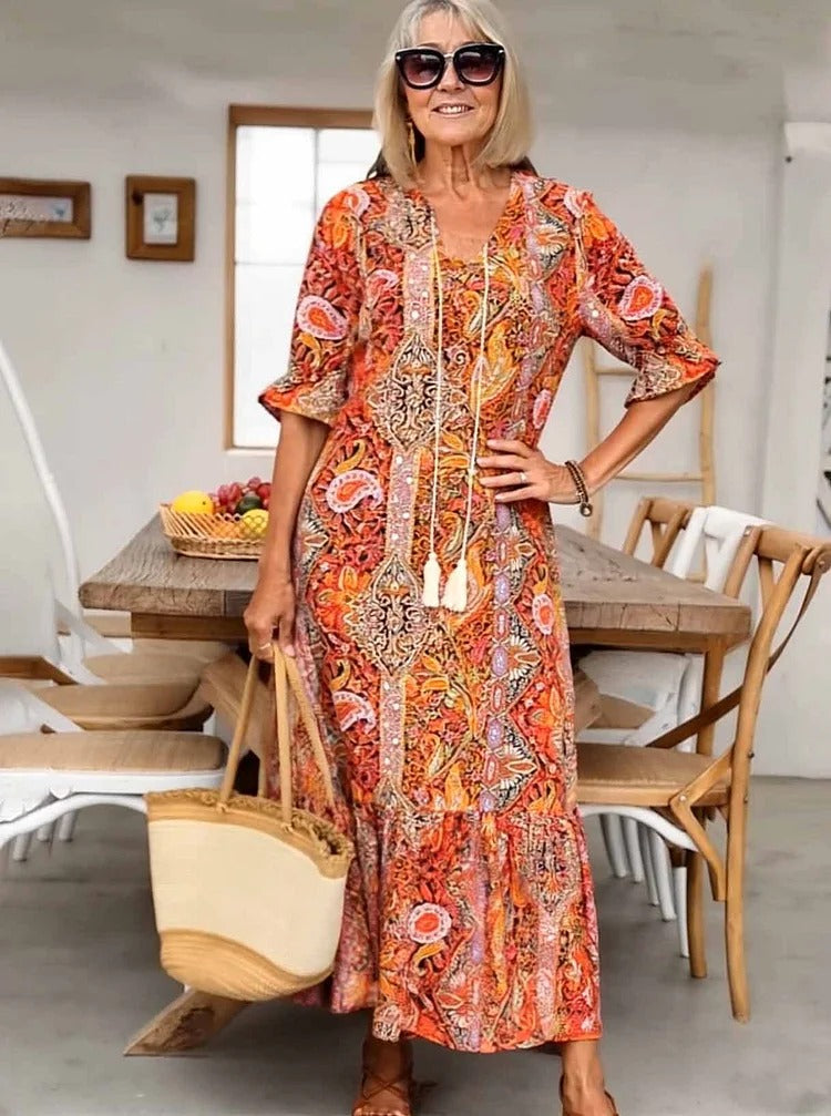 Mevelyn - Vestido Bohemio de Paisley con Borlas y Cinta