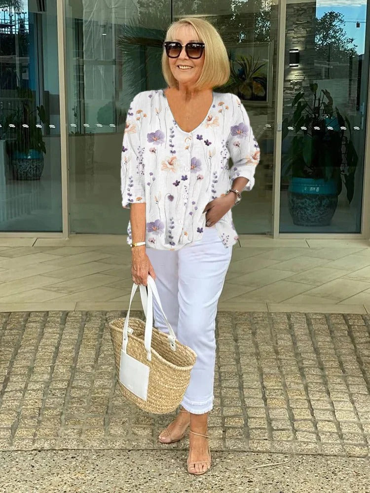 Barbara™ | Top floral de algodón y lino