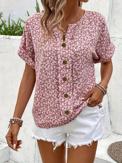 Cindy™ | Blusa de Color con Cuello Notched de Impresión Floral