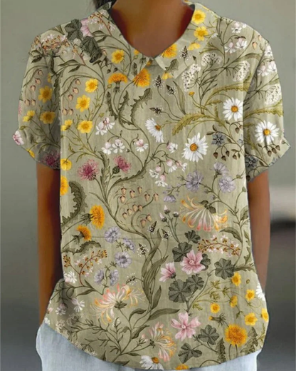 Beatrix - Camisa de Algodón-Lino con Flores Retro
