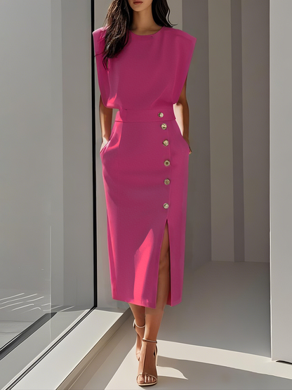 Malene™ | Vestido Midi Sólido con Abertura de Botones y Escote Redondo
