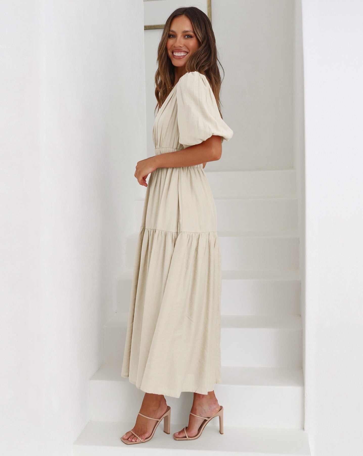 Vestido Ella Escote en V Mangas Abullonadas