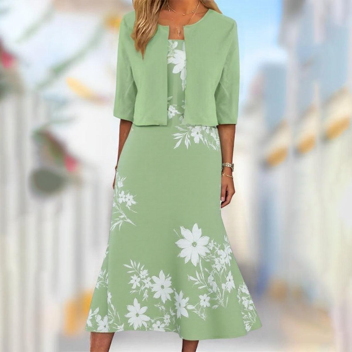 Vestido Midi Único con Estampado de Plantas Azules y Chaqueta