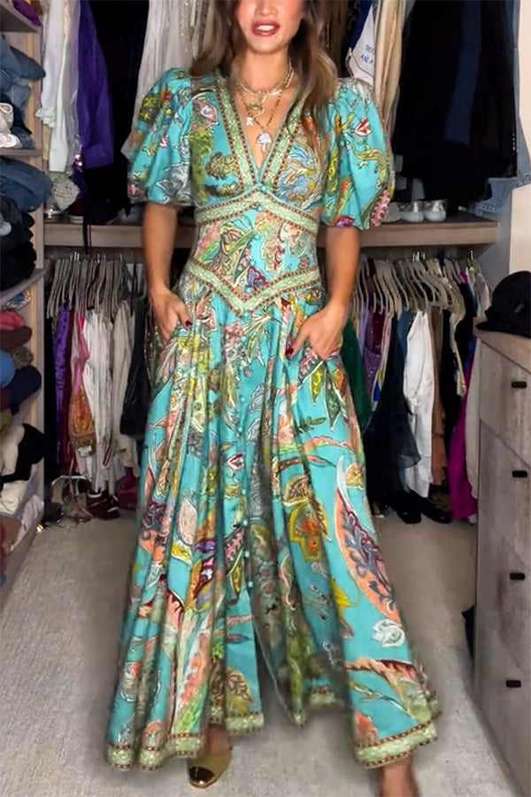 Amelia Quinn | Vestido Maxi Aireado con Mangas Abullonadas y Escote en V