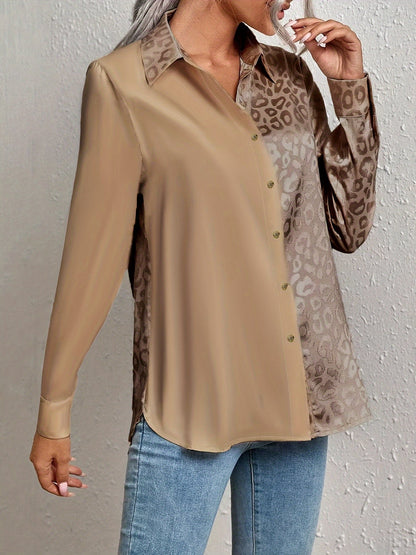 Gwendolyn - Camisa Button-Up en Satén Bicolor con Estampado de Leopardo