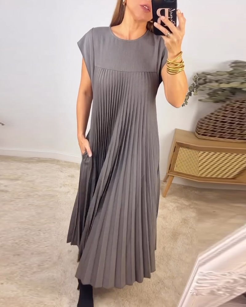 Vestido Maxi Plisado de Manga Corta para Mujeres