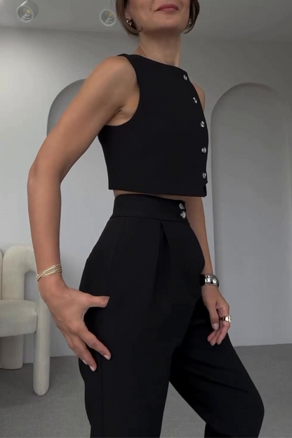 CYRA – CONJUNTO CASUAL DE DOS PIEZAS SIN MANGAS EN COLOR SÓLIDO