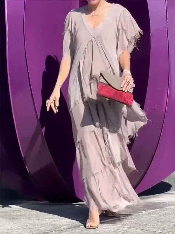 Vestido Maxi Elegante Cuello en V y Mangas Fruncidas