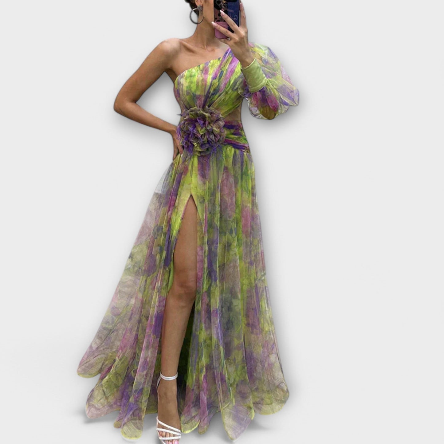 Vestido de Noche Elegante con Un Hombro y Cintura Adelgazante