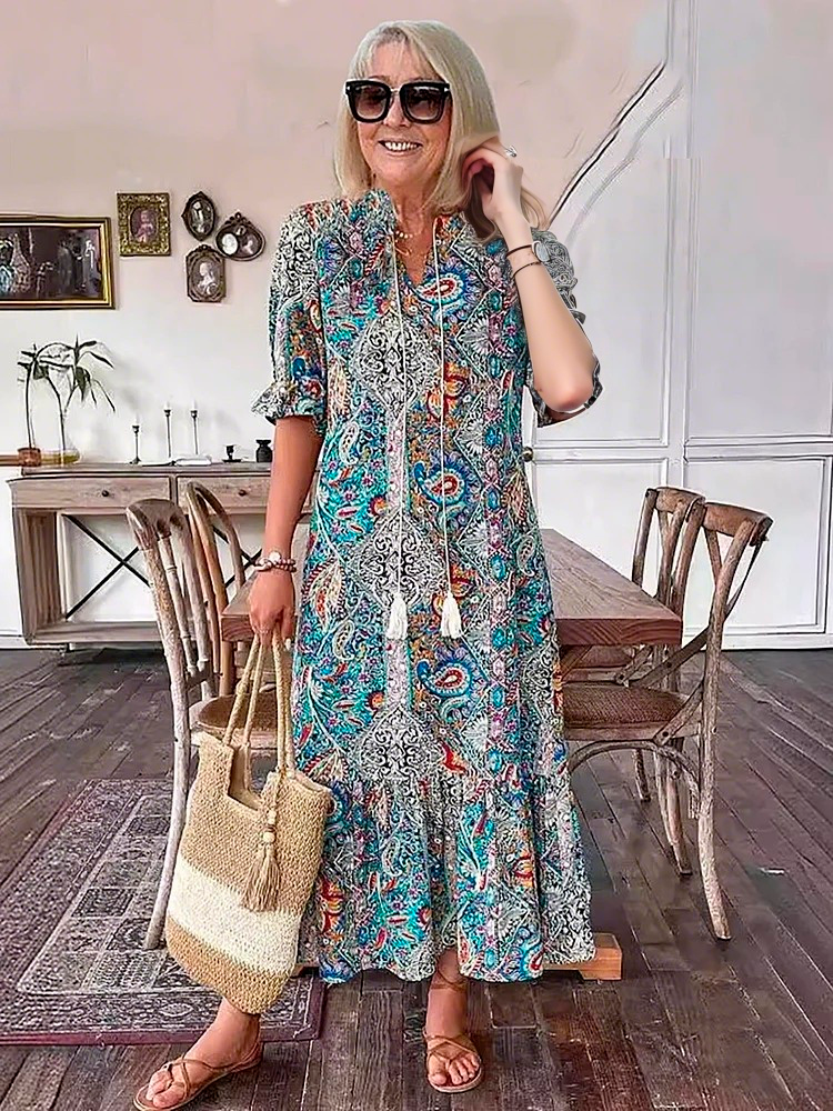 Mevelyn - Vestido Bohemio de Paisley con Borlas y Cinta