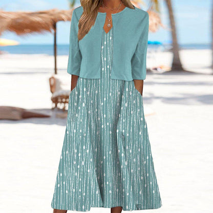 Vestido Midi Único con Estampado de Plantas Azules y Chaqueta