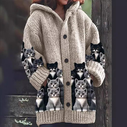 Jasmin - Cárdigan de Punto Acogedor con Estampado de Gato
