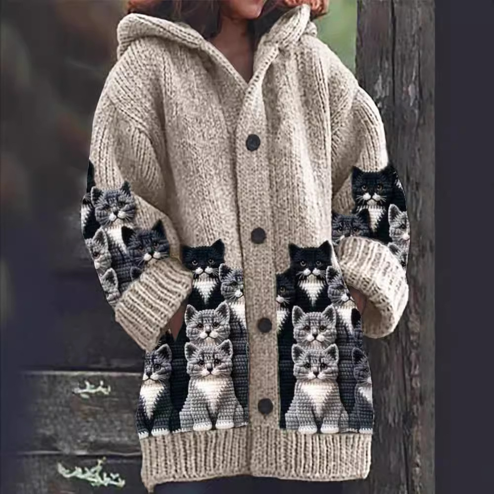 Jasmin - Cárdigan de Punto Acogedor con Estampado de Gatos
