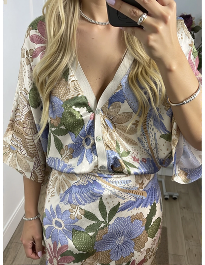 Camisa Exquisita de Satén con Estampado Floral sin Hombros