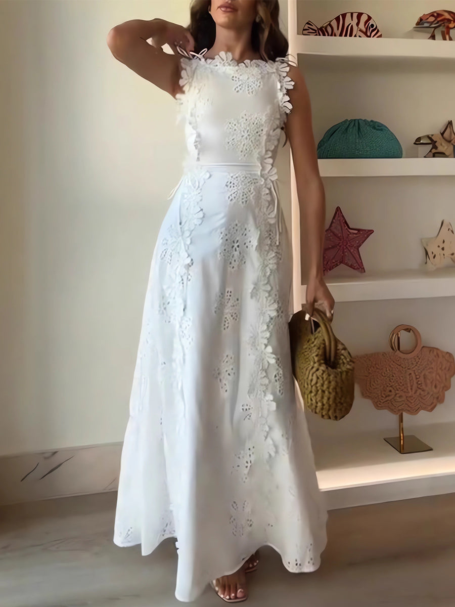 Éliora – Vestido Maxi de Encaje Floral con Tirantes Ajustables