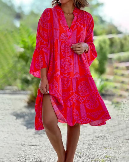 Skylar - Vestido Chic con Escote en V y Mangas Acampanadas 3/4 con Volantes