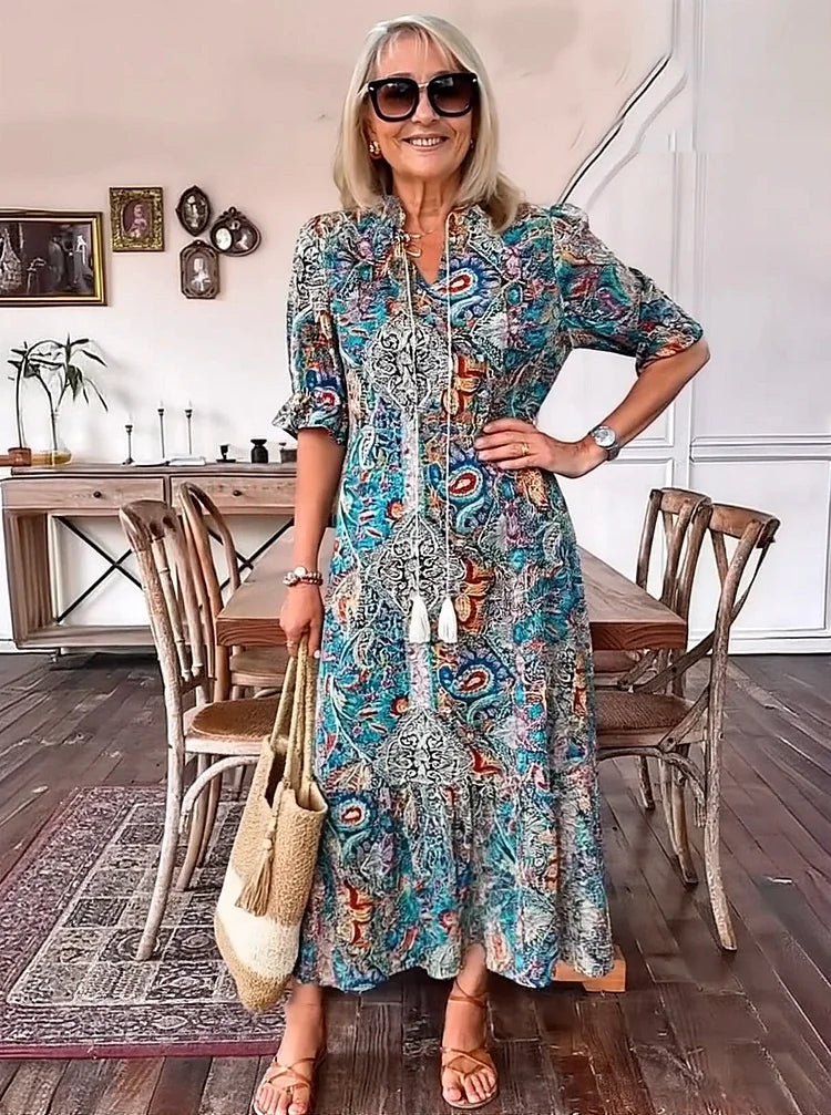 Carolette - Vestido Maxi de Cuello con Cuerda Boho