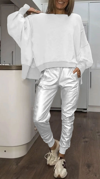 Conjunto Casual de Cuello Redondo para Mujeres + Pantalones de Cuero Sintético