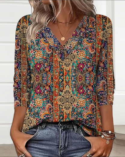 Blusa Retro Impresa con Cuello en V