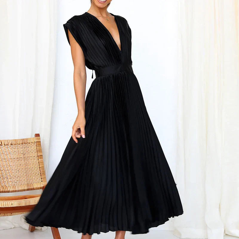 Adele - Vestido maxi con escote en V y pliegues
