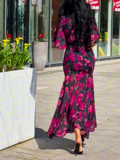 Vestido impreso de manga trompeta con escote en V