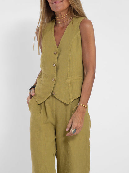 Jessica - Conjunto Chaleco Con Botones & Pantalones De Pierna Ancha