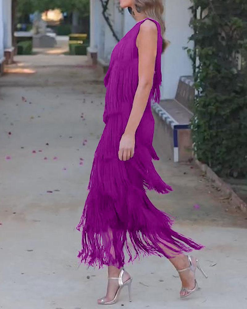 Vestido elegante de flecos Maya con hombros al descubierto