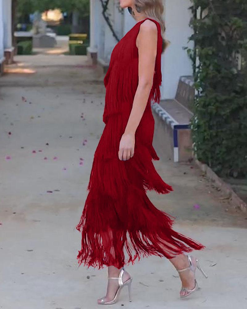 Vestido elegante de flecos Maya con hombros al descubierto