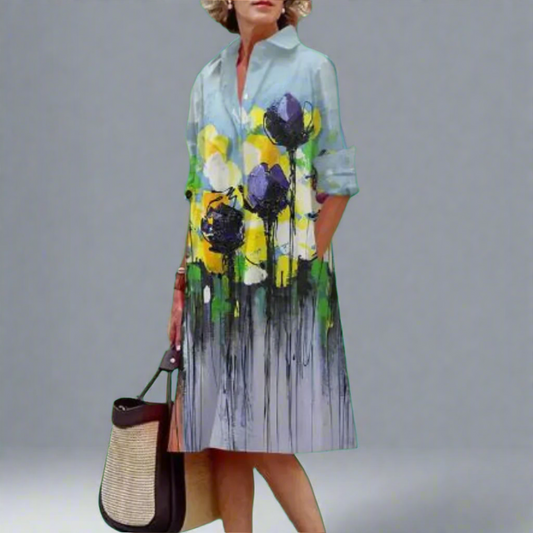 Rumi | Elegante Vestido Midi Floral con Mangas Largas y Solapa