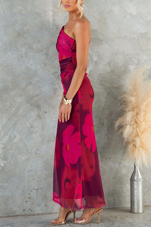 Vestido Maxi Bodycon de Malla con Estampado Floral de Un Hombro