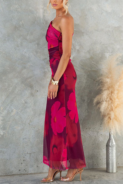 Vestido Maxi Bodycon de Malla con Estampado Floral de Un Hombro