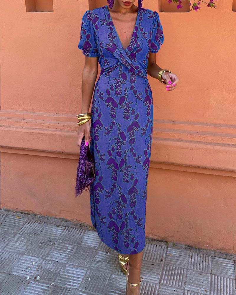 Aria™ - Elegante Vestido Maxi con Escote en V y Patrón de Hojas