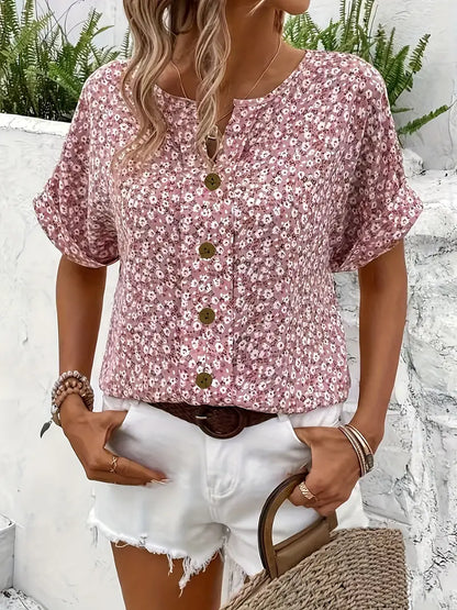 Cindy™ | Blusa de Color con Cuello Notched de Impresión Floral
