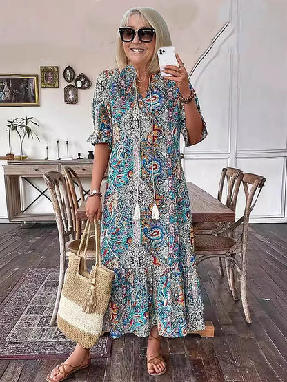 Carolette - Vestido Maxi de Cuello con Cordón Boho