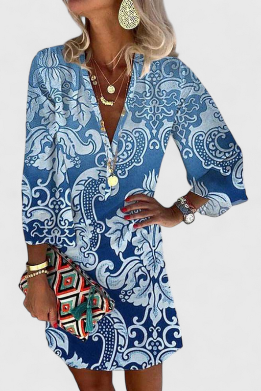 Rufina Vestido Mini Azul con Escote en V y Manga Larga