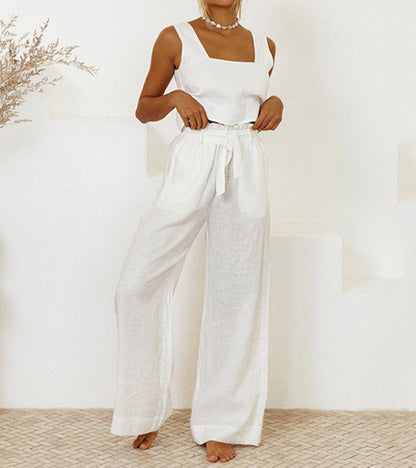 Evelyne - Conjunto de Top Minimalista de Lujo y Pantalones de Pierna Ancha