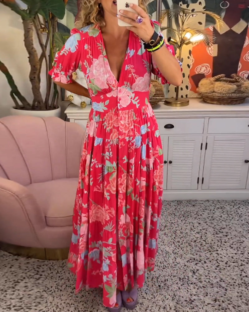 Catrisa ~ Vestido Floral con Escote en V y Bolsillos