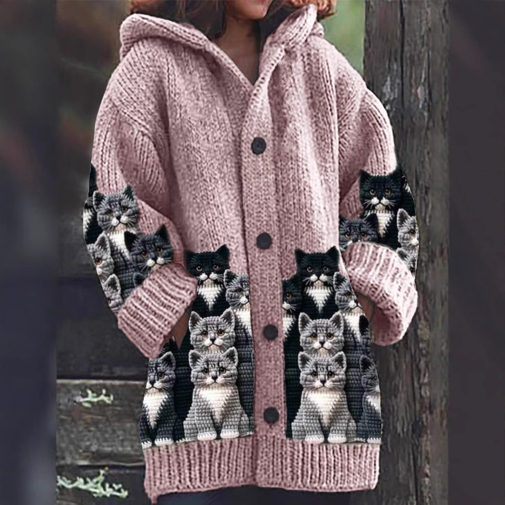 Jasmin - Cárdigan de Punto Acogedor con Estampado de Gatos
