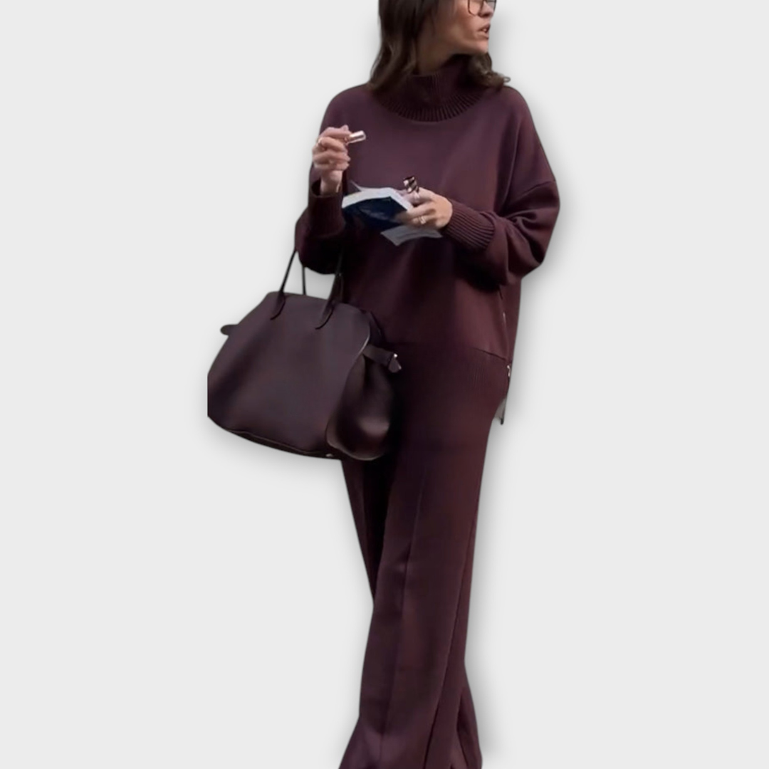 Conjunto de Suéter Relajado con Cuello Alto y Pantalones de Pierna Ancha