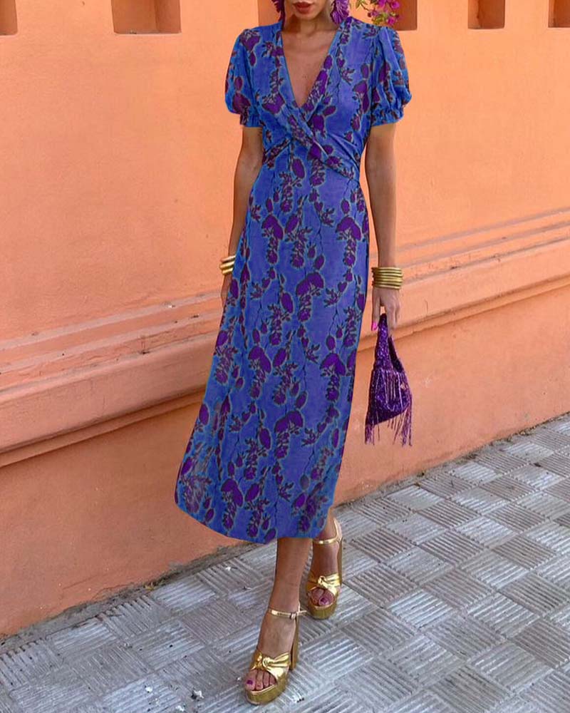 Aria™ - Elegante Vestido Maxi con Escote en V y Patrón de Hojas
