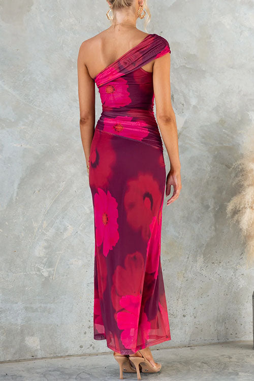 Vestido Maxi Bodycon de Malla con Estampado Floral de Un Hombro