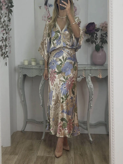 Elegante Camisa Off-shoulder de Satén con Estampado Floral