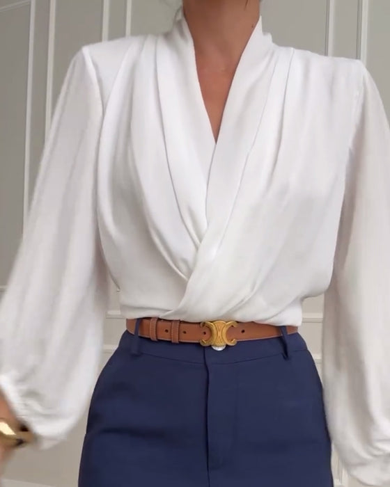 Blusa de Manga Larga con Cuello en V de Color Sólido