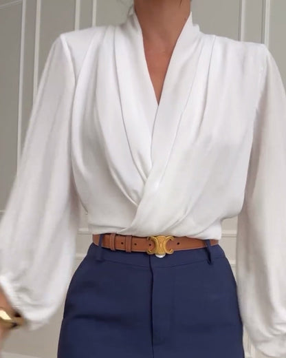 Blusa de Manga Larga con Cuello en V de Color Sólido
