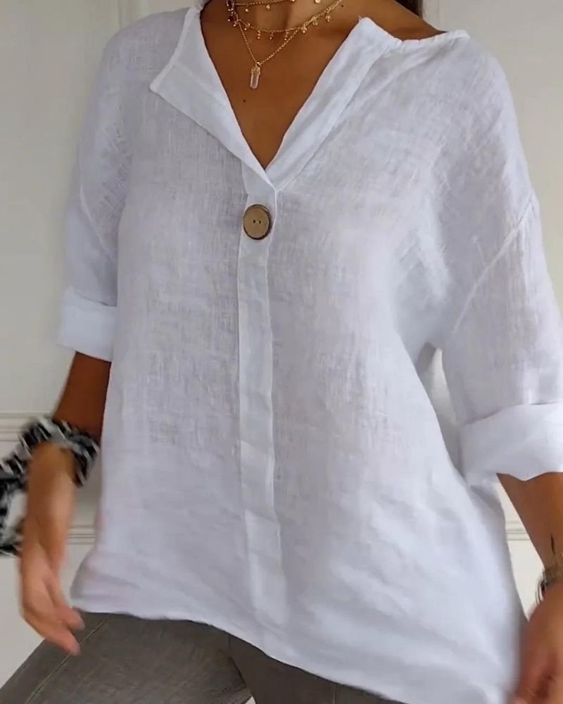 ARAI - Top de Botones de Algodón y Lino con Cuello en V