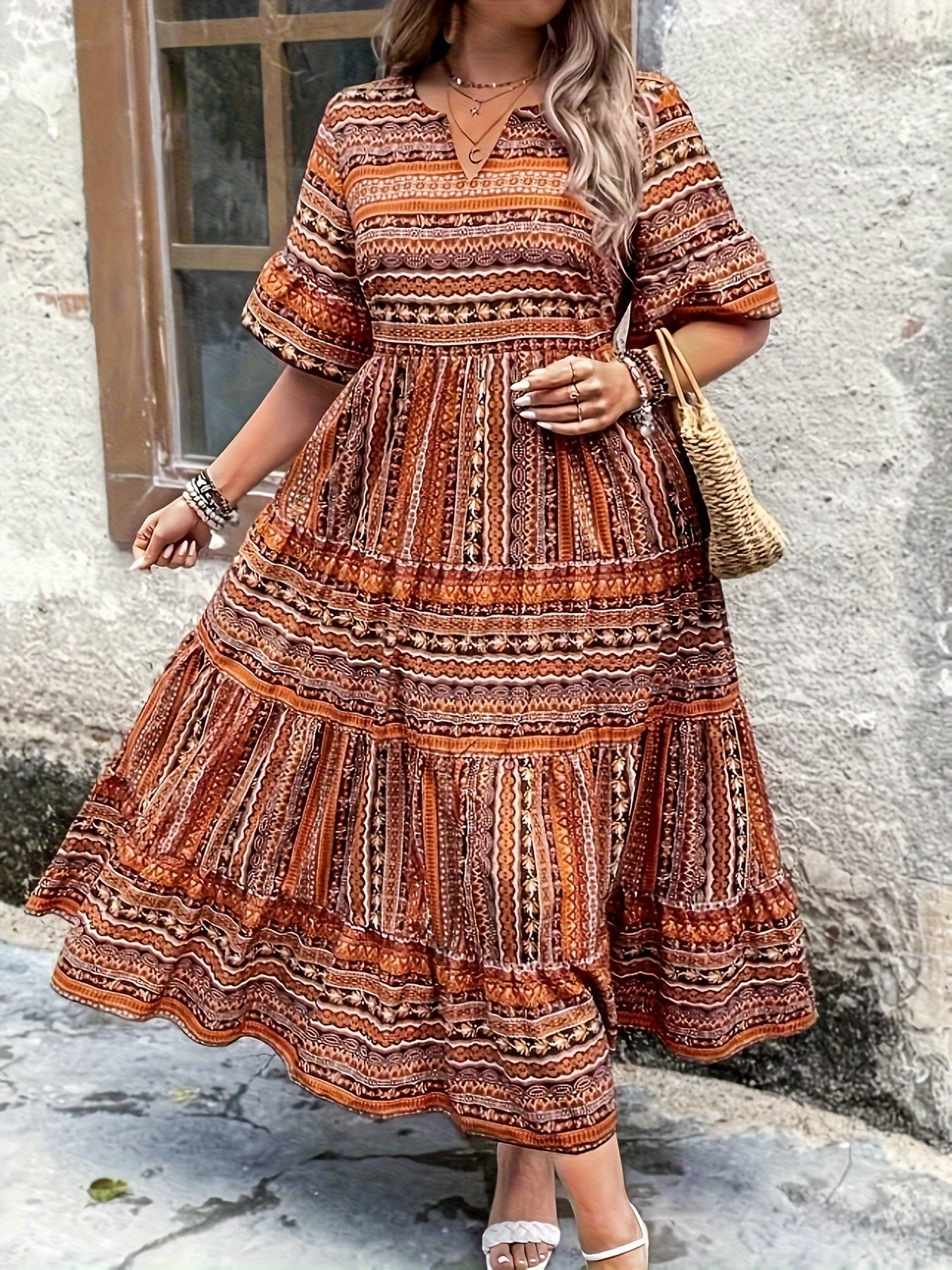 Sylpha - Vestido Bohemio de Estampado Étnico Elegante