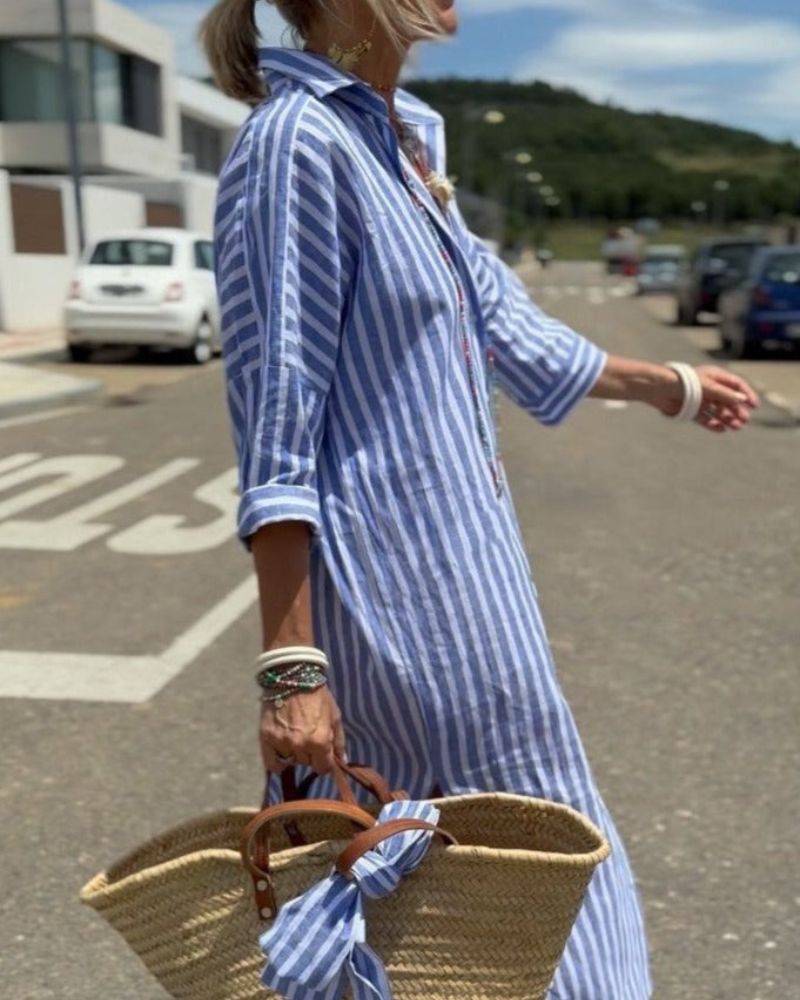 Coby | Vestido Camisero de Lino a Rayas Clásico